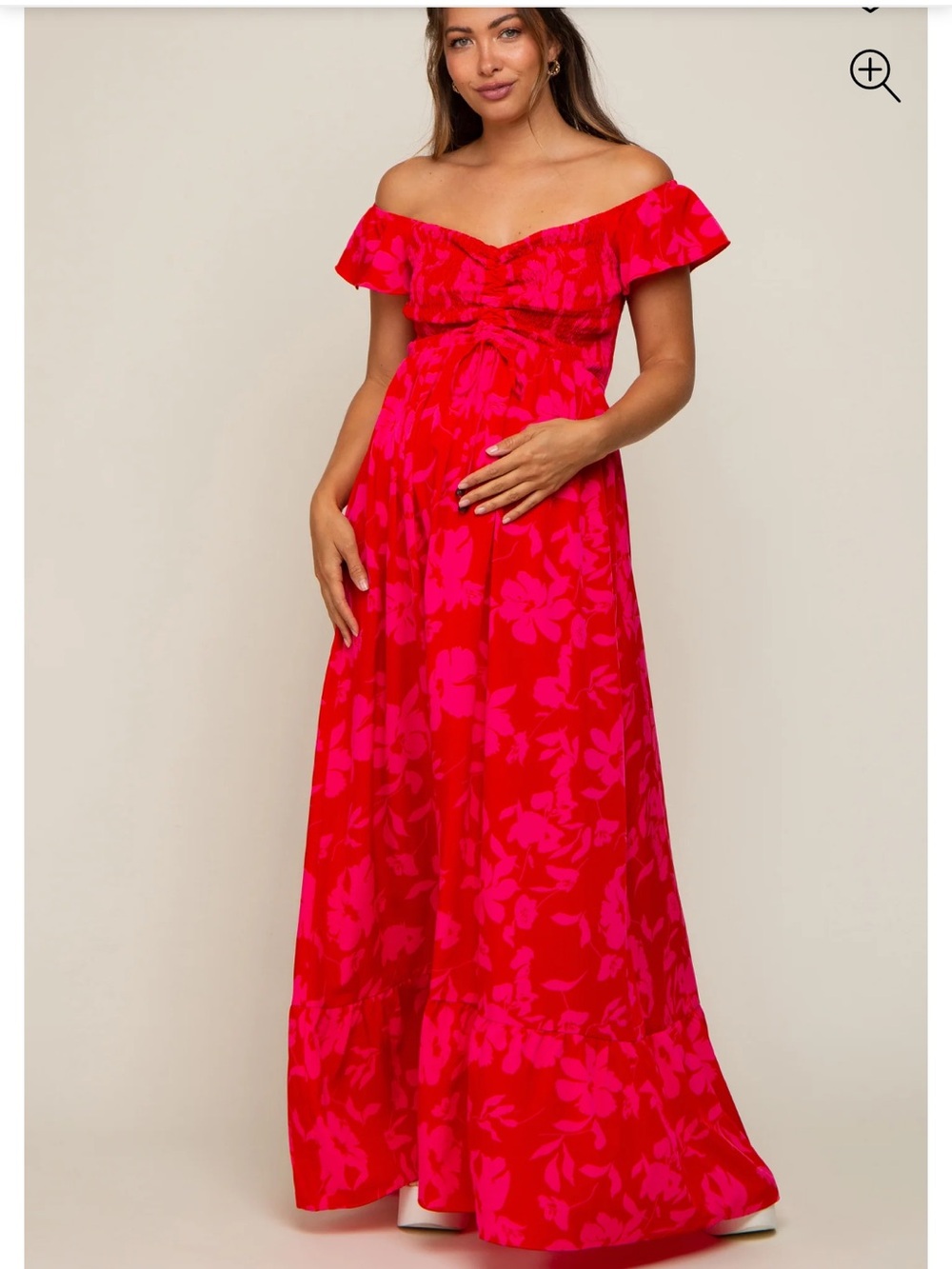 Pink Blush L Red Floral Smocked Cinched Top Maternity Maxi Dress